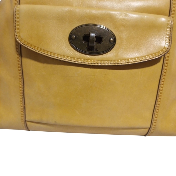 Fossil Mustard Yellow Cowhide Leather Zip Top Key Shoulder Tote Bag - Picture 4 of 8